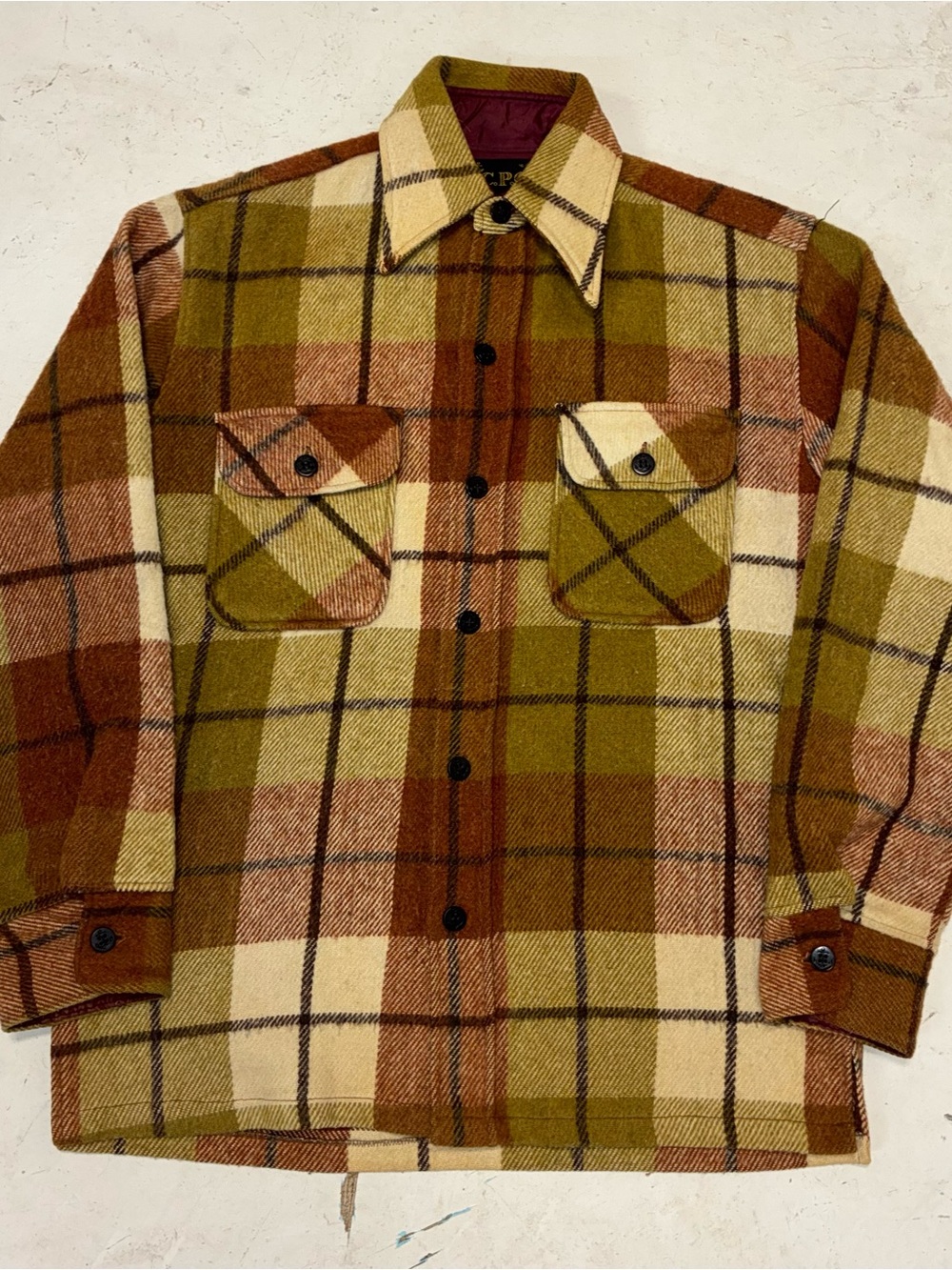 True Vintage Arrow Olive & Brown Plaid CPO Wool Shirt Jacket Men's S 60s 70s